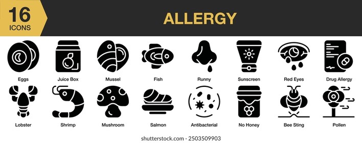 Allergy Glyph icon set. Includes lobster, mushroom, pollen, red eyes, runny, salmon, and More. Solid icons vector collection.