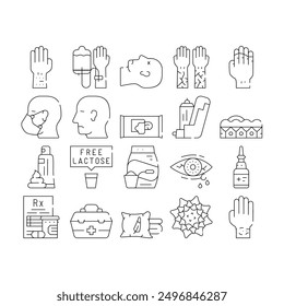 Allergy Health Problem Collection Icons Set Vector. Allergic Reaction Test And Silicone Bracelet Allergy, Napkins, Washing Powder And Leather Allergen Black Contour Illustrations
