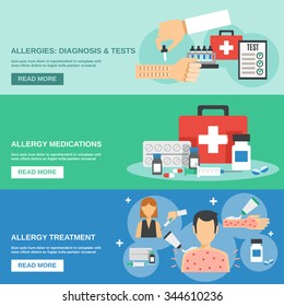 Allergy horizontal banner set with diagnosis and tests elements isolated vector illustration