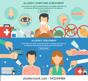 Allergy horizontal banner set with symptoms and treatment isolated vector illustration