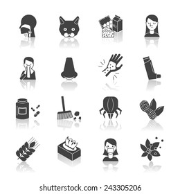 Allergy icon black set with allergens medicine and treatment symbols isolated vector illustration