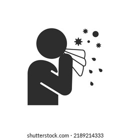 Allergy icon. Man blows his nose into a handkerchief. Monochrome black and white symbol. Vector illustration