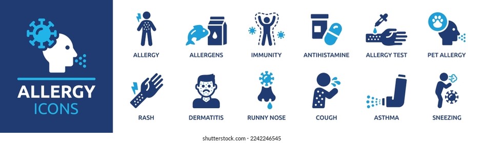 Allergy icon set. Containing allergens, immunity, sneeze, runny nose, rash, cough, pet allergy, antihistamine and dermatitis icons. Solid icon collection.