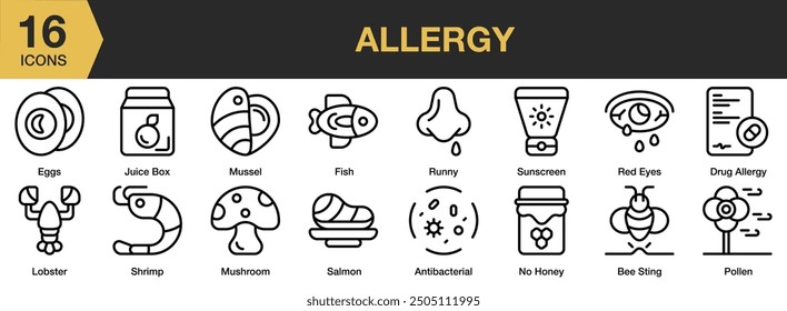 Conjunto de iconos de alergia. Incluye antibacteriano, picadura de abeja, alergia a medicamentos, huevos, pescado, caja de jugo y más. Colección de Vector de iconos de contorno.