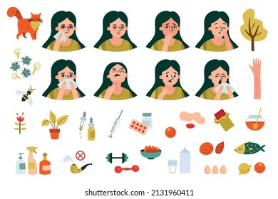 Allergy icon set types of different allergies things that provoke allergies and remedies for treating them vector illustration