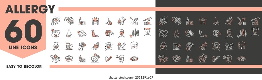 Allergy icons of asthma, fever or rhinitis as allergic symptoms or medical symbols, line vector. Allergy icons of allergens in food or pollen dust, eye itching symptoms, allergy tests and treatment