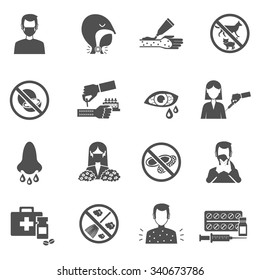 Allergy icons black set with people with disease symptoms isolated vector illustration