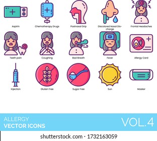 Allergy icons including aspirin, chemotherapy drugs, postnasal drip, discolored nasal discharge, frontal headache, teeth pain, coughing, bad breath, fever, card, injection, gluten free, sugar, sun.