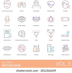 Allergy Icons Including Loss Of Consciousness, Asthma, Anaphylaxis, Dust Mites, Fatigue, Sleep Disorder, Pollen, Pet Hair, Cigarette Smoke, Diesel Exhaust, Mite-proof Bedding, Penicillin, Sulfa Drugs.