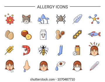Allergy icons with natural and artificial causative agents set. Allergy on products and surrounding objects. Sources of allergy vector illustrations.