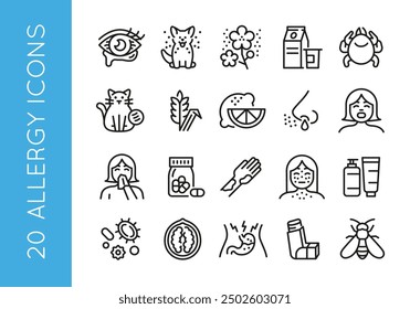 Allergy icons. Set of 20 trendy minimal allergy icons. Example: Eye, Cat, Flower, Milk, Crab icon. Design signs for web page, mobile app, packaging design. Vector illustration.