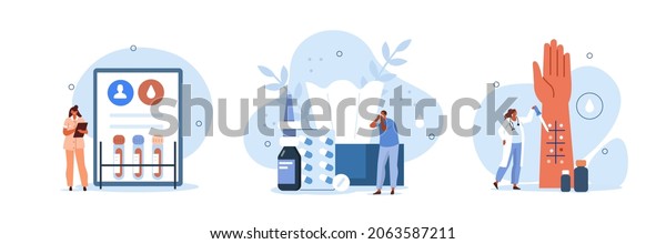 Allergy illustration set. Character with\
seasonal pollen allergy sneezing to nose wiper. Doctor allergist or\
immunologist doing allergy skin test and laboratory blood test.\
Vector illustration.\
