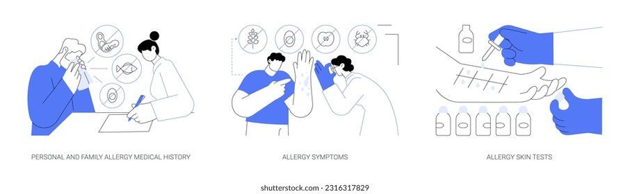 Allergy and immunology abstract concept vector illustration set. Personal and family allergy medical history, symptoms and skin tests, dermatitis rash, skin prick testing abstract metaphor.