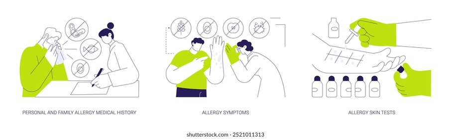 Conjunto de Ilustración vectorial de concepto abstracto de alergia e inmunología. Historial médico de alergias personales y familiares, síntomas y pruebas cutáneas, dermatitis, erupción cutánea, prueba de punción cutánea, metáfora abstracta.