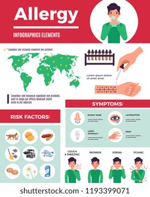 Allergieinfographische Elemente mit Symptomen und Behandlungssymbolen flache einzelne Vektorgrafik