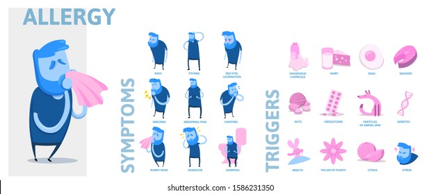 Allergy infographics. Allergy Symptoms and Triggers information poster with text and character. Colorful flat vector illustration, horizontal.