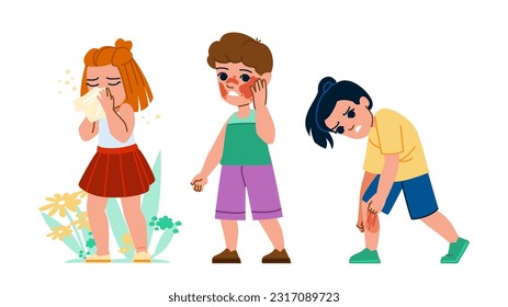 allergy kid vector. child allergic, girl asian, baby rash, spring sneeze, itch sick allergy kid character. people flat cartoon illustration