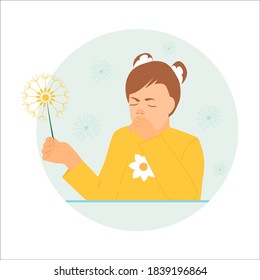 Allergy kids.Girl with allergies. Girl holding a dandelion and sneezing.Vector flat illustration