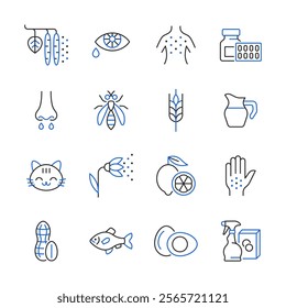 Allergy line color icon set. Allergy symptoms and allergens vector collection with rash, plant pollen, pet, dairy, seafood, insect, egg, gluten, medicine.