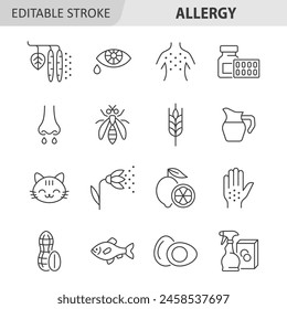 Allergy line icon set. Allergy symptoms and allergens vector collection with rash, plant pollen, pet, dairy, seafood, insect, egg, gluten, medicine. Editable stroke.