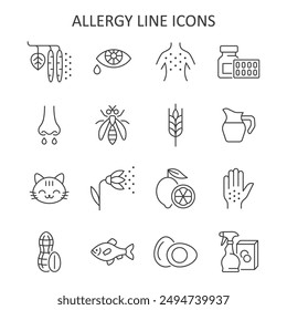 Allergy line icon set. Allergy symptoms and allergens vector collection with rash, plant pollen, pet, dairy, seafood, insect, egg, gluten, medicine. 