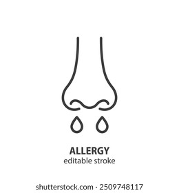 Icono de línea de alergia. Vector símbolo de enfermedad viral. Nariz con mocos. Trazo editable.
