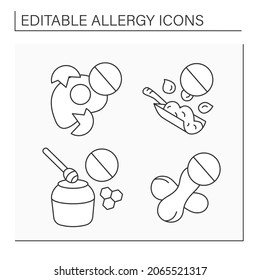 Allergy line icons set. Abnormal allergic reactions to eggs, honey, peanuts and hazelnut. Healthcare and treatment concept. Isolated vector illustrations. Editable stroke