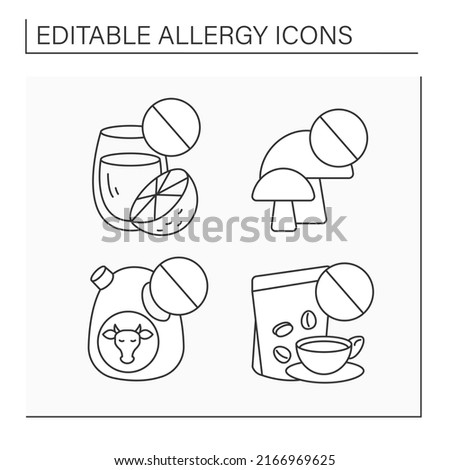 Allergy line icons set. Abnormal allergic reactions to orange juice, mushroom spores, milk and coffee. Healthcare and treatment concept. Isolated vector illustrations. Editable stroke