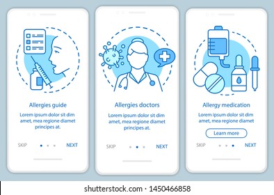 Allergy medical help onboarding mobile app page screen with linear concepts. Allergies guide, doctors, medication walkthrough steps graphic instructions. UX, UI, GUI vector template with illustrations