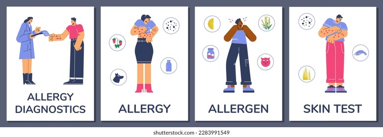 Allergy medical posters set, flat vector illustration. Diverse people suffering from different allergies - food, pollen, drugs and dust. Doctor doing allergy test to patient. Allergy diagnostics.