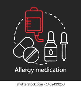 Allergy medication chalk concept icon. Antihistamine drugs usage idea. Relieving allergy symptoms. Treatment with pills and drops. Vector isolated chalkboard illustration