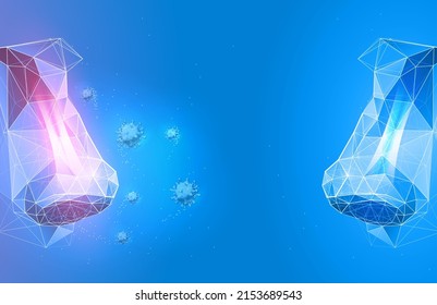 Allergy nose inflammation in futuristic polygonal style. Red sinuses as a reaction to pollen, dust, virus. Comparison of a healthy and diseased nose. vector illustration.