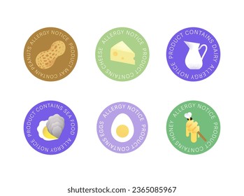 Allergy notice, edible allergic products information, sticker template, flat style illustration, food emblem