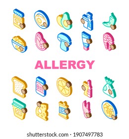 Allergy On Products Collection Icons Set Vector. Allergy On Medicaments And Cosmetics, Fish And Meat, Cheese And Milk, Fruits And Vegetables Isometric Sign Color Illustrations