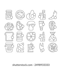 Allergy On Products Collection Icons Set Vector. Allergy On Medicaments And Cosmetics, Fish And Meat, Cheese And Milk, Fruits And Vegetables Black Contour Illustrations