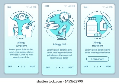Allergy onboarding mobile app page screen vector template. Allergic diseases symptoms, test, treatment. Walkthrough website steps with linear illustrations. UX, UI, GUI smartphone interface concept