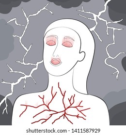 Allergy and pain in a woman. Damage to the eyes of the mouth and chest in humans. Storm and lightning with clouds.