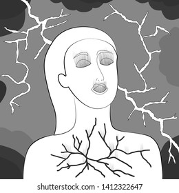 Allergy and pain in a woman. Damage to the eyes of the mouth and chest in humans. Storm and lightning with clouds.