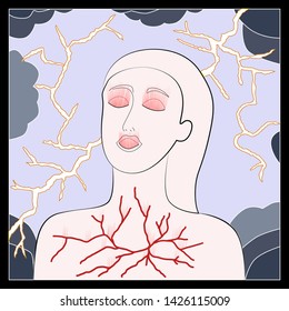 Allergy and pain in a woman. Damage to the eyes of the mouth and chest in humans. Storm and lightning with clouds.
