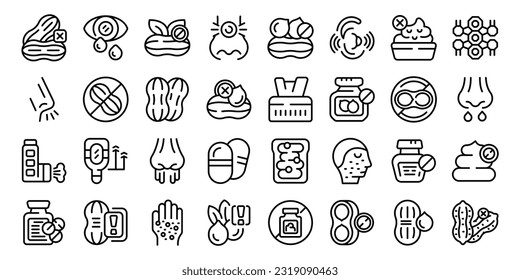 Allergy to peanuts icons set outline vector. Medical food. Nuts test