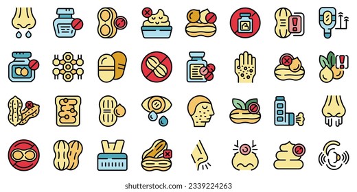 Allergy to peanuts icons set outline vector. Medical food. Nuts test thin line color flat on white