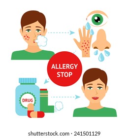 Allergy prevention concept with sick and healthy person symptoms and drugs vector illustration