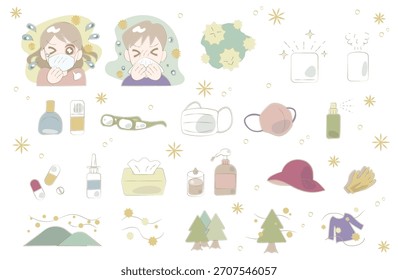 Allergieverhinderungsgegenstände und Frühlingspollenillustrationssatz