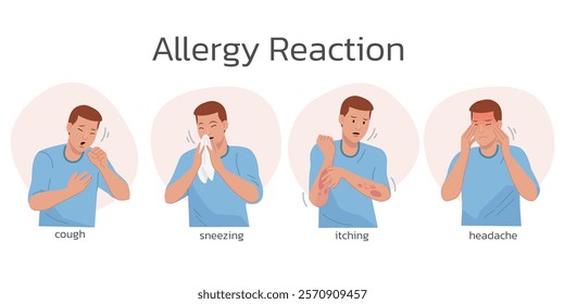 Allergy Reaction Concept, itching headache sneezing and cough. Unhealthy man have red spots or inflammation struggle with seasonal or food allergy. Healthcare and medicine. Flat vector illustration.