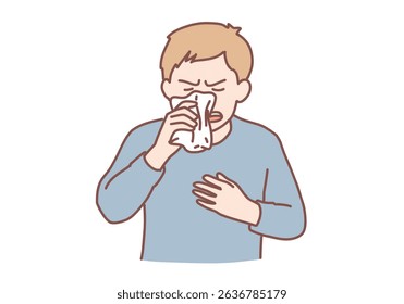 Allergy reaction, medicine and healthcare concept. Man having pollen allergy with Runny nose and watery eye. Hand drawn style vector design illustrations.