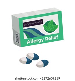 Allergy relief pills package flat isolated vector illustration