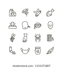 Allergy and rhinitis symptoms line icons. Allergic and allergen outline vector medicine symbols isolated. Allergen pollen and gluten illustration