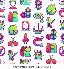 Allergy seamless pattern with thin line icons: runny nose, dust, streaming eyes, lactose intolerance, citrus, seafood,gluten free, dust mite, mold, peanut, allergy test, edema. Vector illustration.