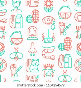 Allergy seamless pattern with thin line icons: runny nose, dust, streaming eyes, lactose intolerance, citrus, seafood, gluten free, dust mite, peanut, allergy test, edema. Modern vector illustration.