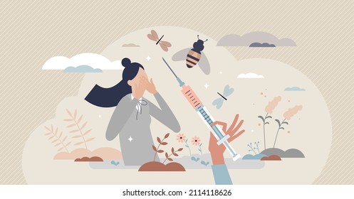 Allergy shots regular injection for seasonal spring pollen tiny person concept. Itchy symptom, running nose and allergen health problem prevention with annual medical immune dose vector illustration.